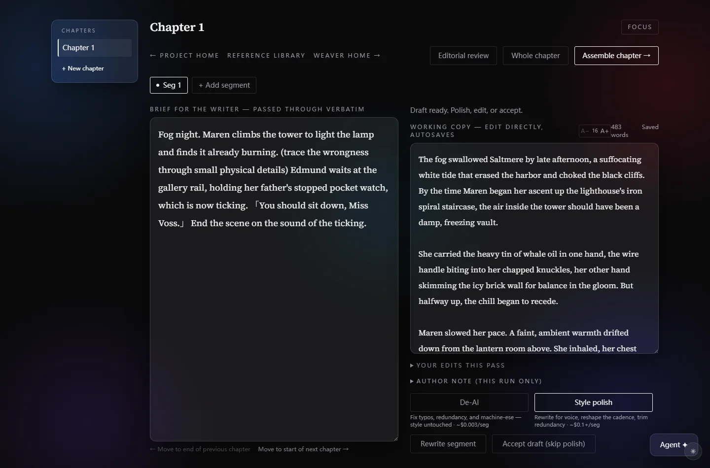 The writing cockpit: the author's brief passes through verbatim on the left; the working copy shows a fresh English draft, worldbook retrieval, thinking steps, and De-AI and Style polish actions with per-segment cost