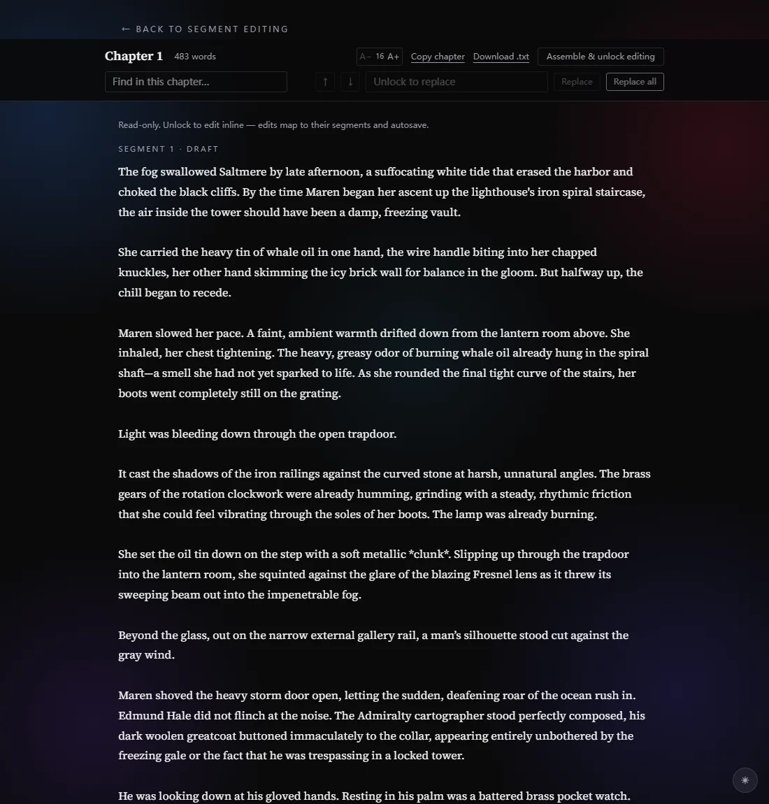 Whole-chapter view: Chapter 1 assembled read-only at 483 words, with find-and-replace and .txt download